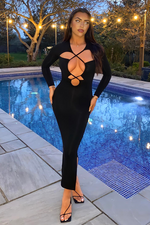 Black Cut Out Neck Side Slit Midi Dress - Miriam